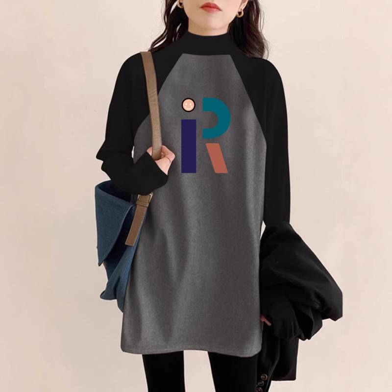 Ženski T-shirt s flejs podstavom, srednja duljina, raglan rukavi, poluvicoki ovratnik, slobodan kroj, Derong poliester tkanina 90–95%