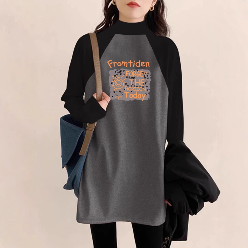 Ženski T-shirt s flejs podstavom, srednja duljina, raglan rukavi, poluvicoki ovratnik, slobodan kroj, Derong poliester tkanina 90–95%