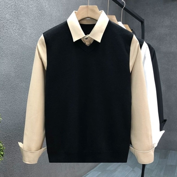 Set din două piese pentru bărbați - Top și pantaloni, dungat, guler Turn-Down, mâneci lungi, stil subțire, amestec mătase-lin