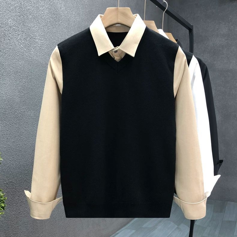 Set din două piese pentru bărbați - Top și pantaloni, dungat, guler Turn-Down, mâneci lungi, stil subțire, amestec mătase-lin