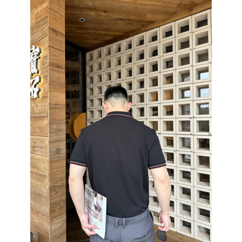 Πόλο πουκάμισο με κεντημένο λογότυπο, στυλ Χονγκ Κονγκ, κοντό μανίκι, χαλαρή γραμμή, βαμβάκι Slub