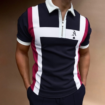 Polo majica s digitalnim printom, zip detalj, kratki rukavi, mrežasti materijal, prilagođena kroj
