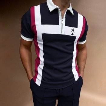 Polo majica s digitalnim printom, zip detalj, kratki rukavi, mrežasti materijal, prilagođena kroj