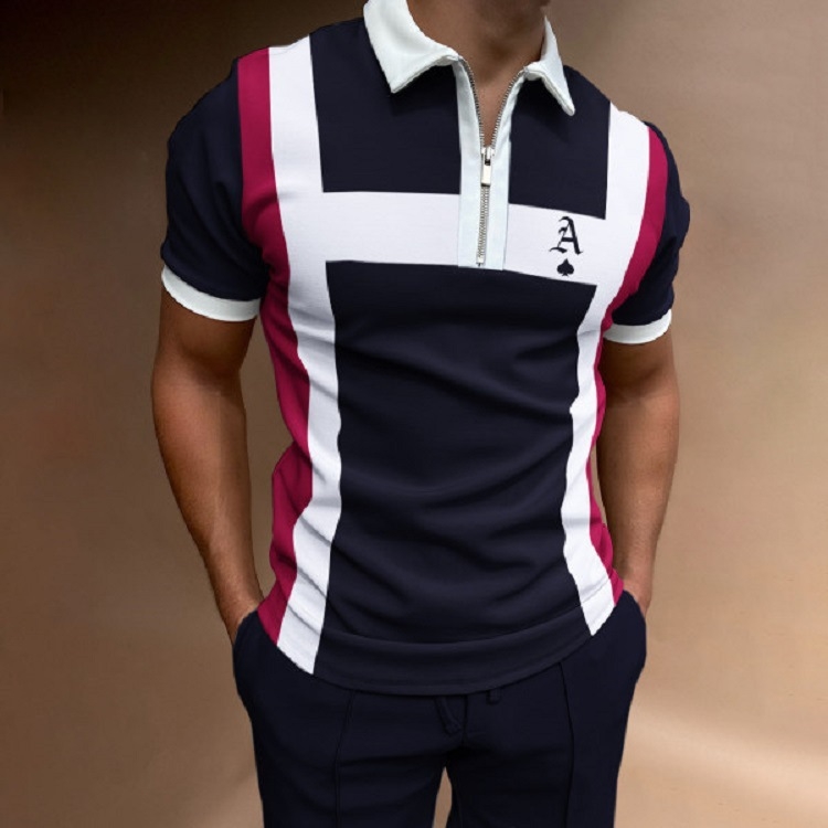 Polo majica s digitalnim printom, zip detalj, kratki rukavi, mrežasti materijal, prilagođena kroj