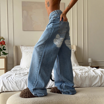 Ženske široke traperice – denim, 50–70% pamuk/poliester, srednji struk, ulični/street stil, enzimsko pranje