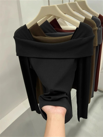 Majica s otvorenim ramenom, dugi rukavi, Modal 95%+, uski kroj, Harajuku stil