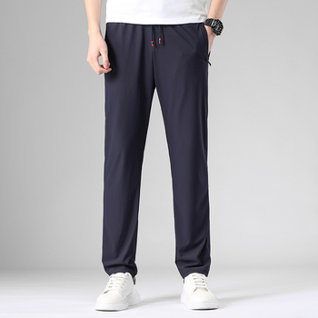 Muške prozračne sportske casual hlače od ice silk, srednji pojas, 100% viskoz, šnirno zatvaranje