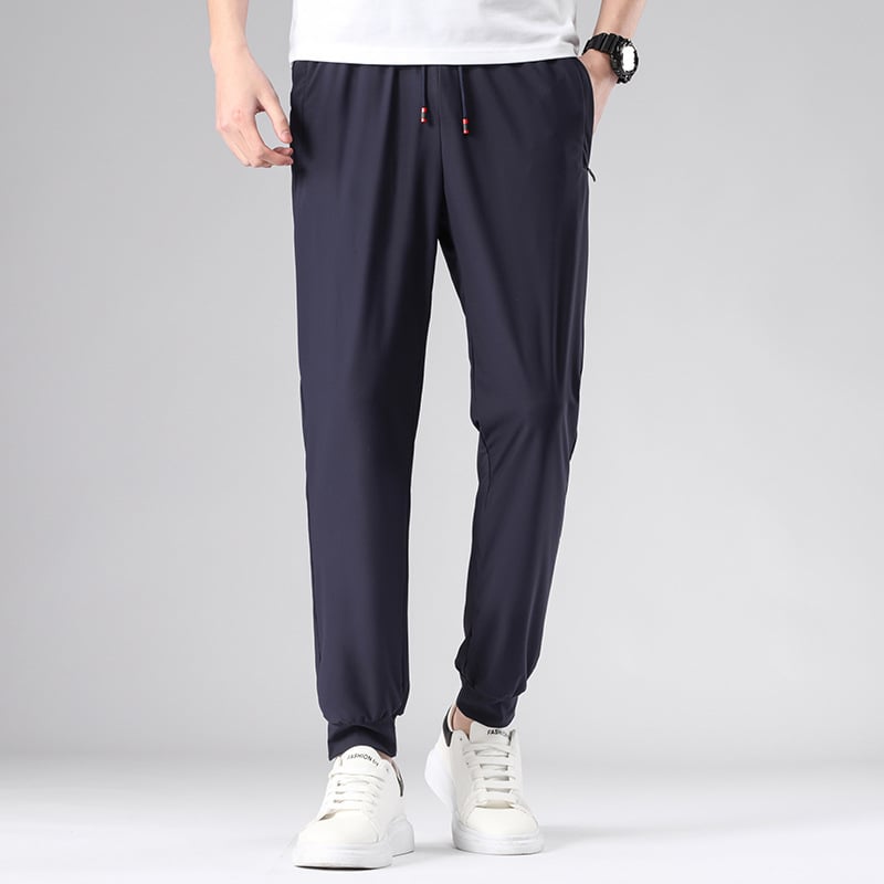 Muške prozračne sportske casual hlače od ice silk, srednji pojas, 100% viskoz, šnirno zatvaranje