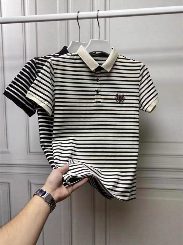 Polo majica s prugama i šivanom, uski kroj, kratki rukav, Milk Silk tkanina, poliester ≥96%, ljeto 2025