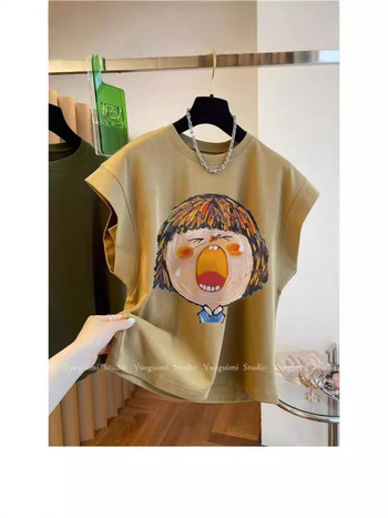 Ženski pamučni bez rukava T‑shirt, labav kroj, okrugli izrez, otisak glave statue, ljeto 2024