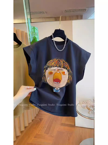 Ženski pamučni bez rukava T‑shirt, labav kroj, okrugli izrez, otisak glave statue, ljeto 2024