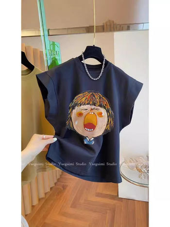 Ženski pamučni bez rukava T‑shirt, labav kroj, okrugli izrez, otisak glave statue, ljeto 2024