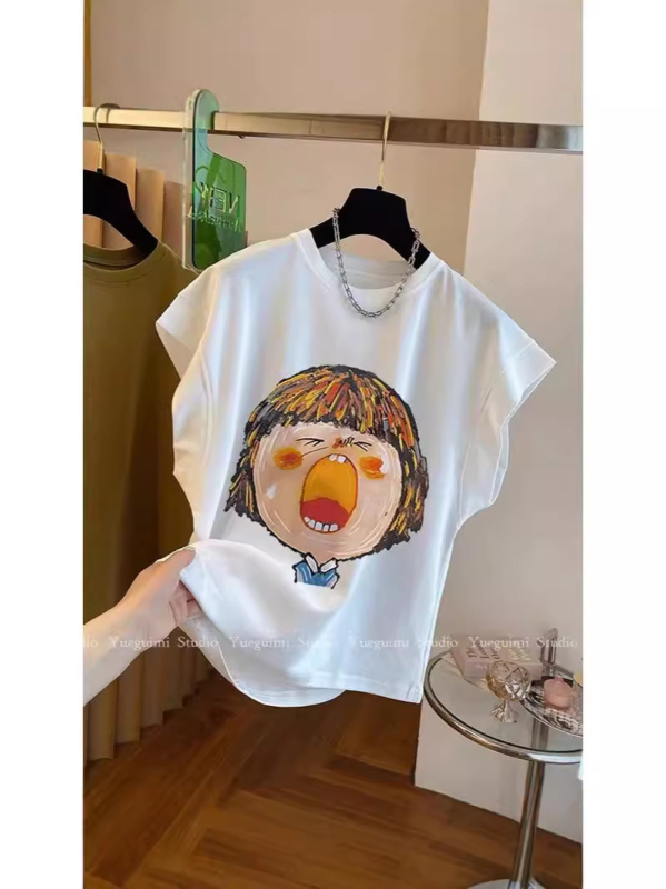 Ženski pamučni bez rukava T‑shirt, labav kroj, okrugli izrez, otisak glave statue, ljeto 2024