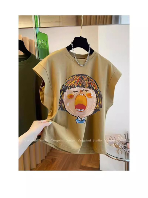 Ženski pamučni bez rukava T‑shirt, labav kroj, okrugli izrez, otisak glave statue, ljeto 2024