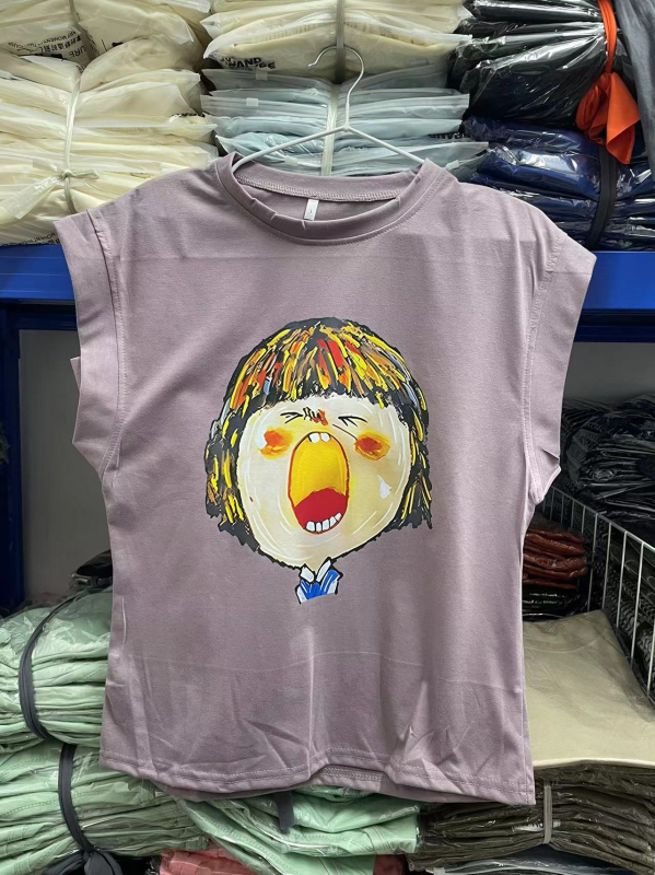 Ženski pamučni bez rukava T‑shirt, labav kroj, okrugli izrez, otisak glave statue, ljeto 2024