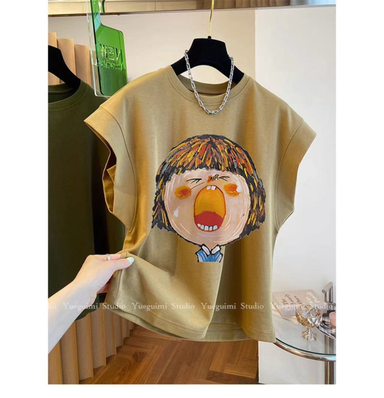 Ženski pamučni bez rukava T‑shirt, labav kroj, okrugli izrez, otisak glave statue, ljeto 2024
