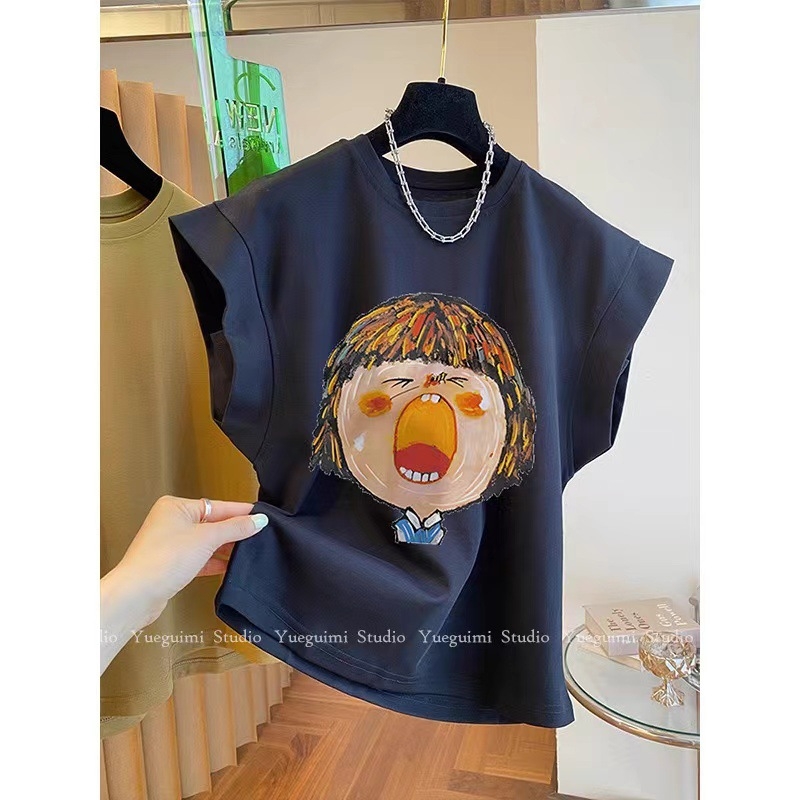 Ženski pamučni bez rukava T‑shirt, labav kroj, okrugli izrez, otisak glave statue, ljeto 2024