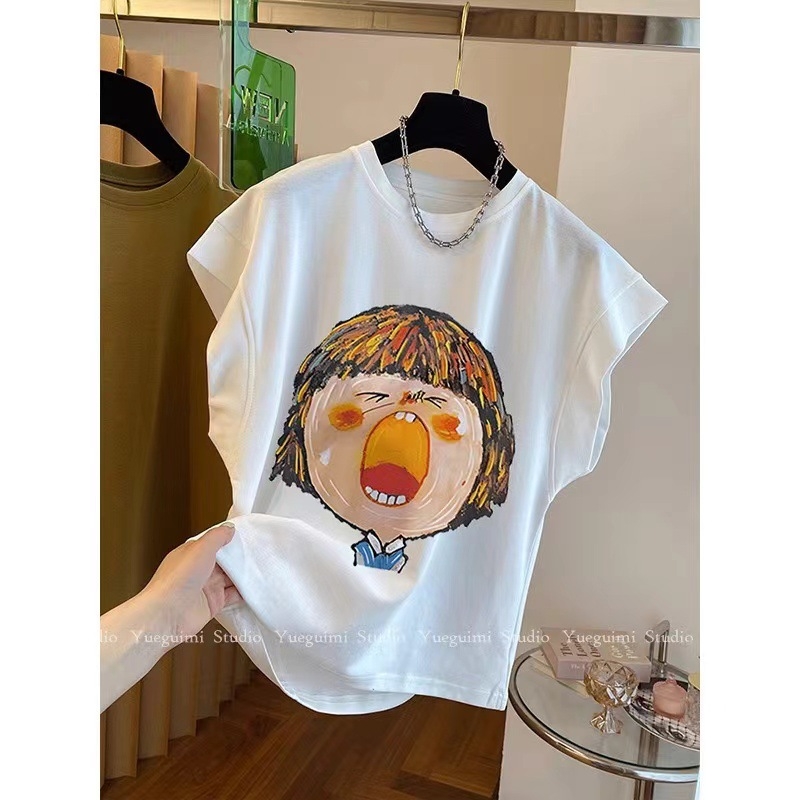 Ženski pamučni bez rukava T‑shirt, labav kroj, okrugli izrez, otisak glave statue, ljeto 2024