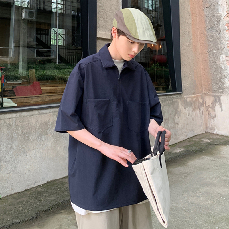 Polo majica u japanskom stilu radne odjeće, slobodan kroj, kratki rukav, mješavina poliestera, isprano završna obrada