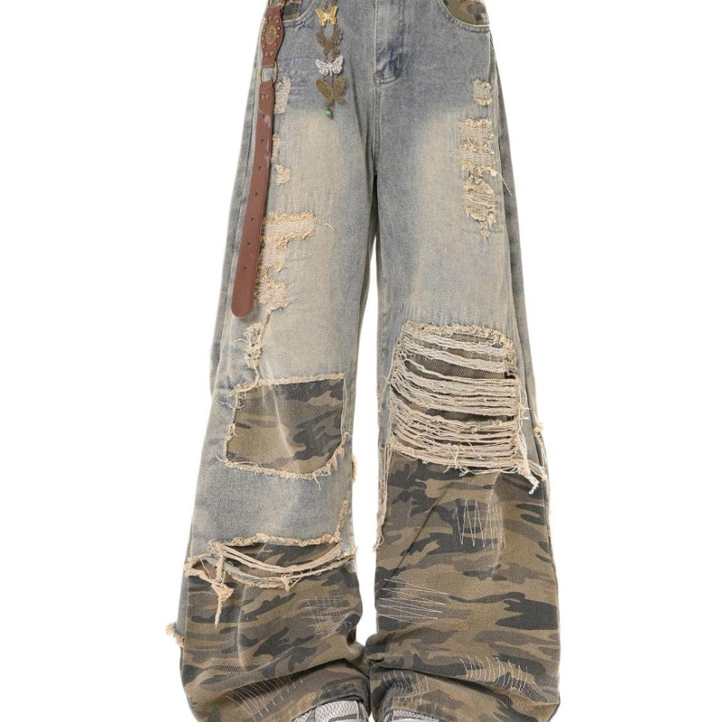 Traperice s visokim strukom, široke nogavice, distresirane patchwork detalje, gradski stil