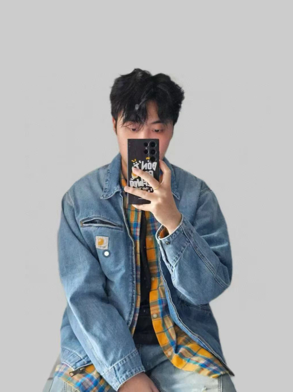 Denim jakna u japanskom retro stilu s reverom (lapel) ovratnikom, zatvaračem, slobodan kroj, dugi rukavi, bočne džepove, jednobojna tkanina