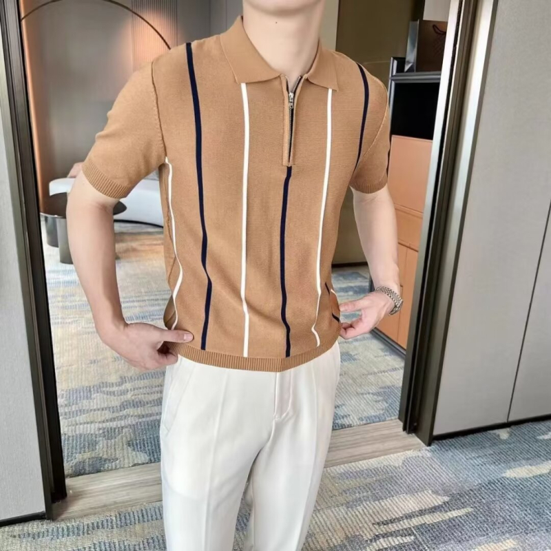 Polo majica s prugama, polu-zip, kratka rukava, pamukovo-mješavinski materijal