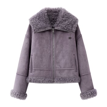 Jakna 72MM-0014: poliester-nylon tkanina, ovratnik od umjetnog krzna, patchwork, rukavi sa spuštenim ramenima, kopčanje na jedan red gumba