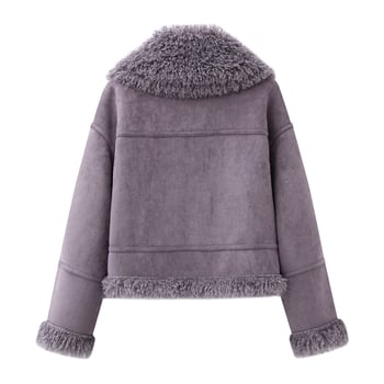 Jakna 72MM-0014: poliester-nylon tkanina, ovratnik od umjetnog krzna, patchwork, rukavi sa spuštenim ramenima, kopčanje na jedan red gumba