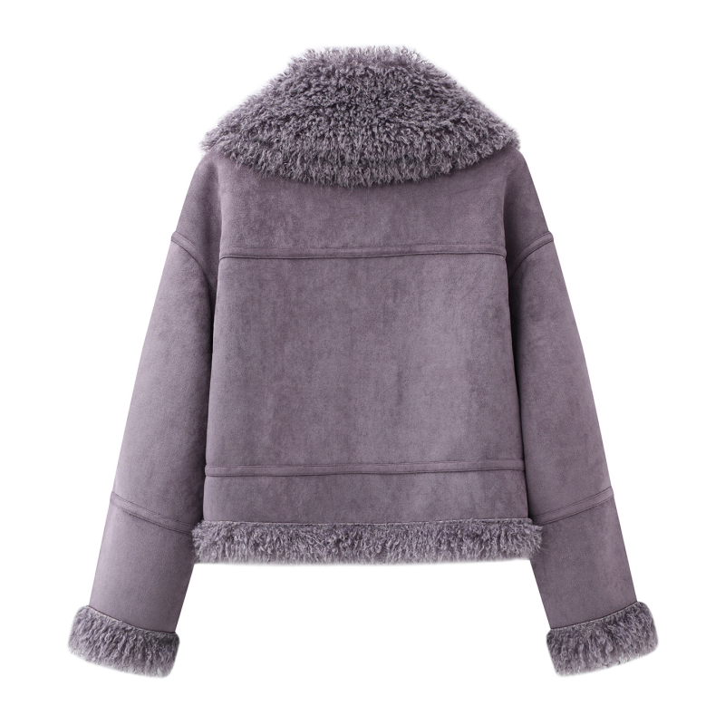 Jakna 72MM-0014: poliester-nylon tkanina, ovratnik od umjetnog krzna, patchwork, rukavi sa spuštenim ramenima, kopčanje na jedan red gumba
