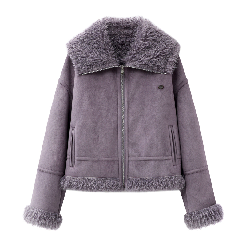 Jakna 72MM-0014: poliester-nylon tkanina, ovratnik od umjetnog krzna, patchwork, rukavi sa spuštenim ramenima, kopčanje na jedan red gumba