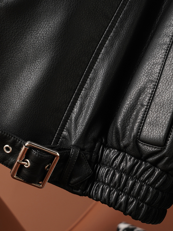 Ženska kožna jakna od prave ovčje kože, okrugli ovratnik, dugi rukavi, ravne krojenje (jesen 2025)