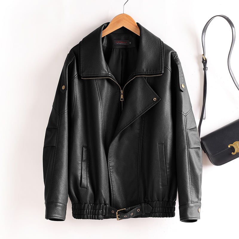 Ženska kožna jakna od prave ovčje kože, okrugli ovratnik, dugi rukavi, ravne krojenje (jesen 2025)