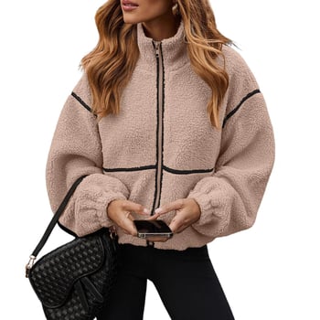 Ženska casual jakna s plišastom podstavom, zatvarač, stojeći ovratnik, dugi rukavi, poliester – standardan kroj