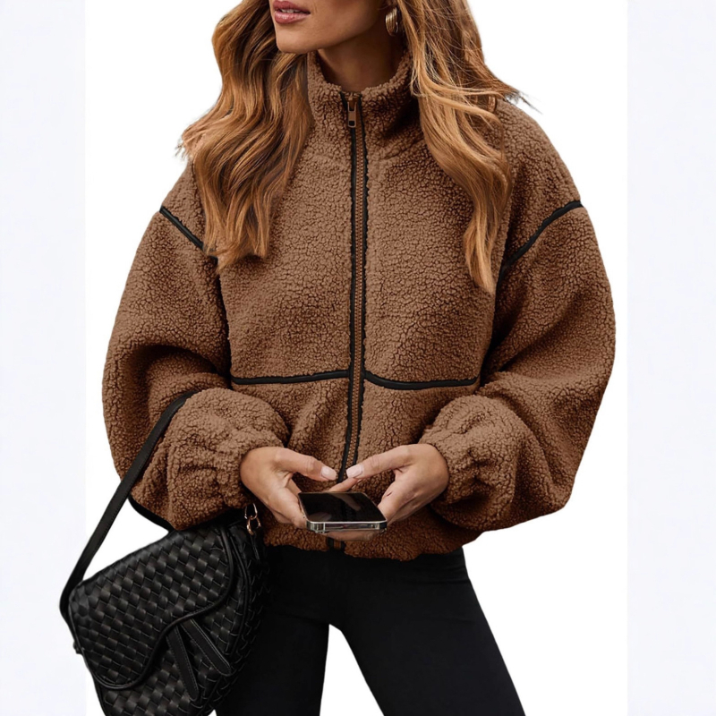 Ženska casual jakna s plišastom podstavom, zatvarač, stojeći ovratnik, dugi rukavi, poliester – standardan kroj