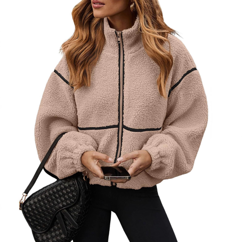 Ženska casual jakna s plišastom podstavom, zatvarač, stojeći ovratnik, dugi rukavi, poliester – standardan kroj