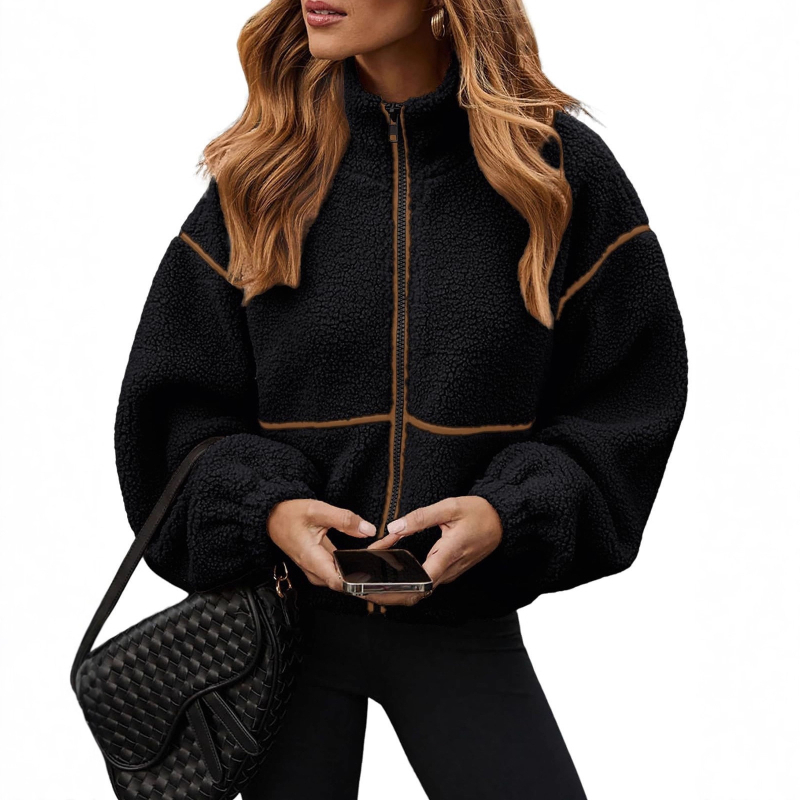 Ženska casual jakna s plišastom podstavom, zatvarač, stojeći ovratnik, dugi rukavi, poliester – standardan kroj