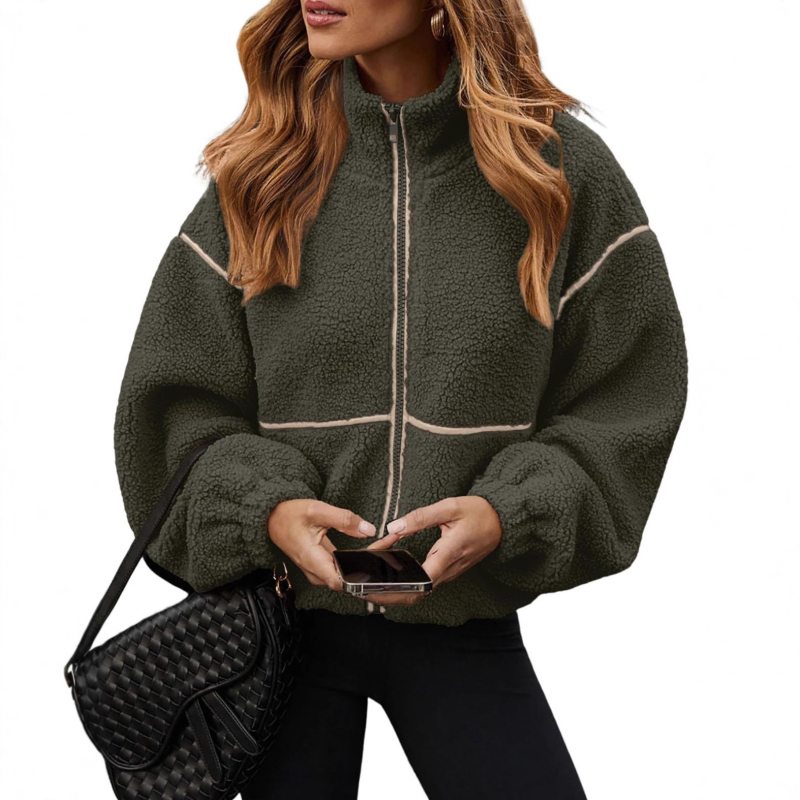 Ženska casual jakna s plišastom podstavom, zatvarač, stojeći ovratnik, dugi rukavi, poliester – standardan kroj