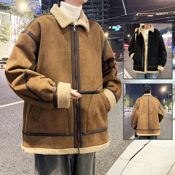 Muška jakna od umjetnog krzna, labav kroj, stojeći ovratnik, zip zatvarač, korejski stil