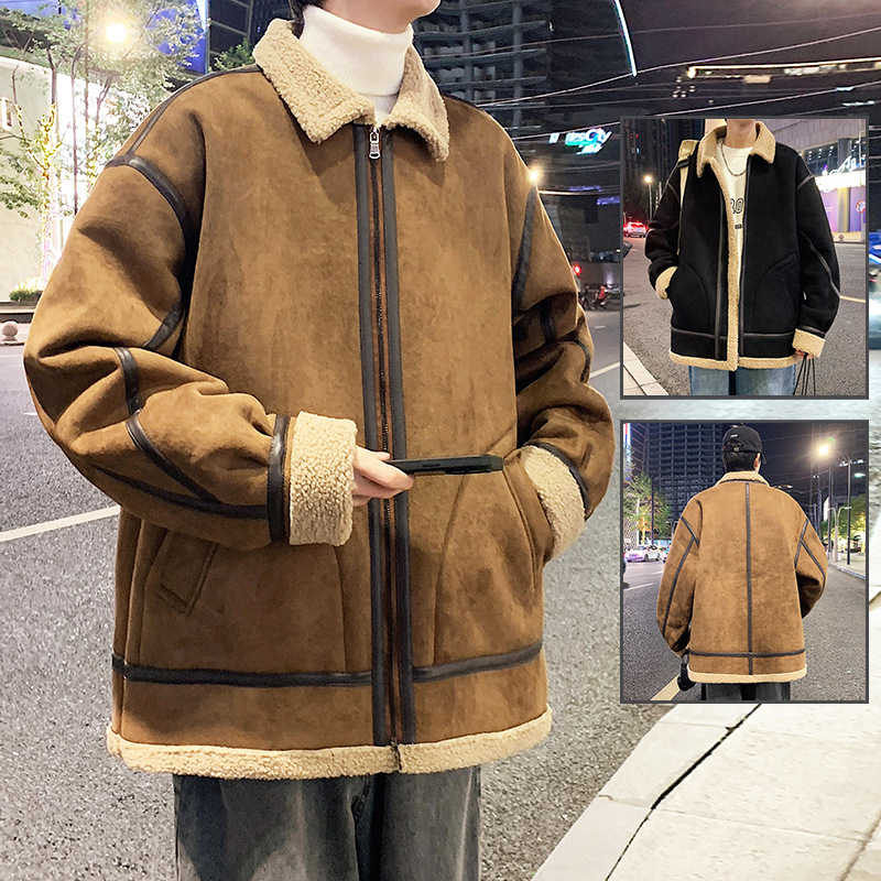 Muška jakna od umjetnog krzna, labav kroj, stojeći ovratnik, zip zatvarač, korejski stil