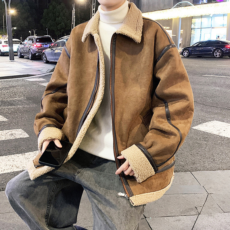 Muška jakna od umjetnog krzna, labav kroj, stojeći ovratnik, zip zatvarač, korejski stil