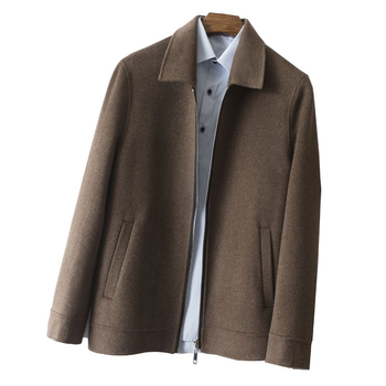 Muški vuneni kaput s patentnim zatvaračem, bez ovratnika, jednobojne boje, bočne džepove, zaobljeni rub, zimski