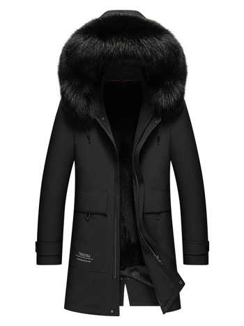 Enos Boni Ανδρικό παλτό με μεσαίο μήκος από γούνα Rex κουνελιού, με κουκούλα και μεγάλο γιακά από γούνα αλεπούς, φερμουάρ εμπρός, αδιάβροχη επένδυση