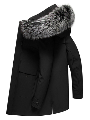 Enos Boni Ανδρικό παλτό με μεσαίο μήκος από γούνα Rex κουνελιού, με κουκούλα και μεγάλο γιακά από γούνα αλεπούς, φερμουάρ εμπρός, αδιάβροχη επένδυση