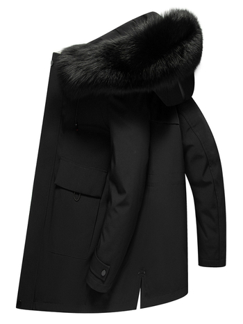Enos Boni Ανδρικό παλτό με μεσαίο μήκος από γούνα Rex κουνελιού, με κουκούλα και μεγάλο γιακά από γούνα αλεπούς, φερμουάρ εμπρός, αδιάβροχη επένδυση