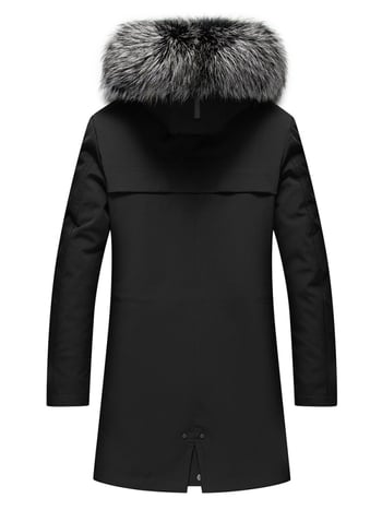 Enos Boni Ανδρικό παλτό με μεσαίο μήκος από γούνα Rex κουνελιού, με κουκούλα και μεγάλο γιακά από γούνα αλεπούς, φερμουάρ εμπρός, αδιάβροχη επένδυση