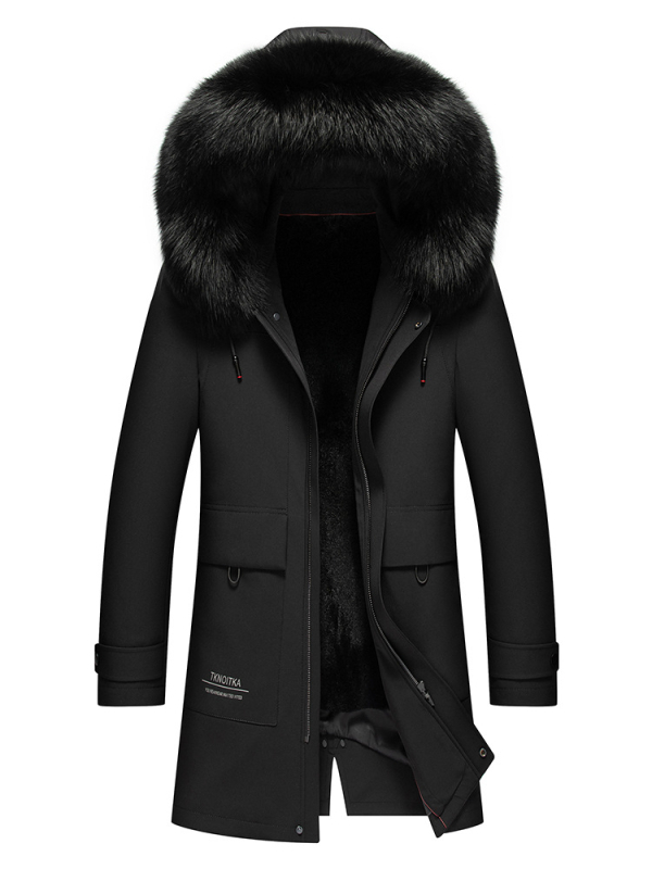 Enos Boni Ανδρικό παλτό με μεσαίο μήκος από γούνα Rex κουνελιού, με κουκούλα και μεγάλο γιακά από γούνα αλεπούς, φερμουάρ εμπρός, αδιάβροχη επένδυση