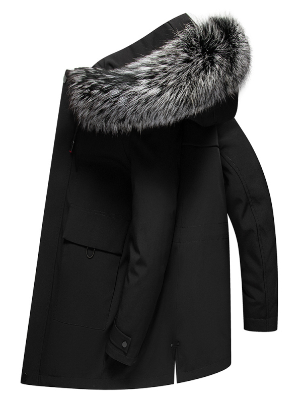 Enos Boni Ανδρικό παλτό με μεσαίο μήκος από γούνα Rex κουνελιού, με κουκούλα και μεγάλο γιακά από γούνα αλεπούς, φερμουάρ εμπρός, αδιάβροχη επένδυση