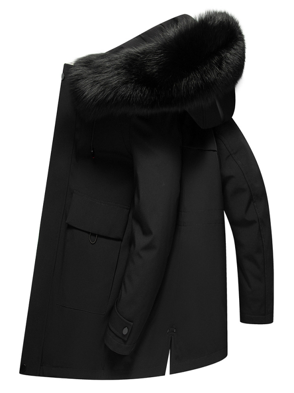 Enos Boni Ανδρικό παλτό με μεσαίο μήκος από γούνα Rex κουνελιού, με κουκούλα και μεγάλο γιακά από γούνα αλεπούς, φερμουάρ εμπρός, αδιάβροχη επένδυση