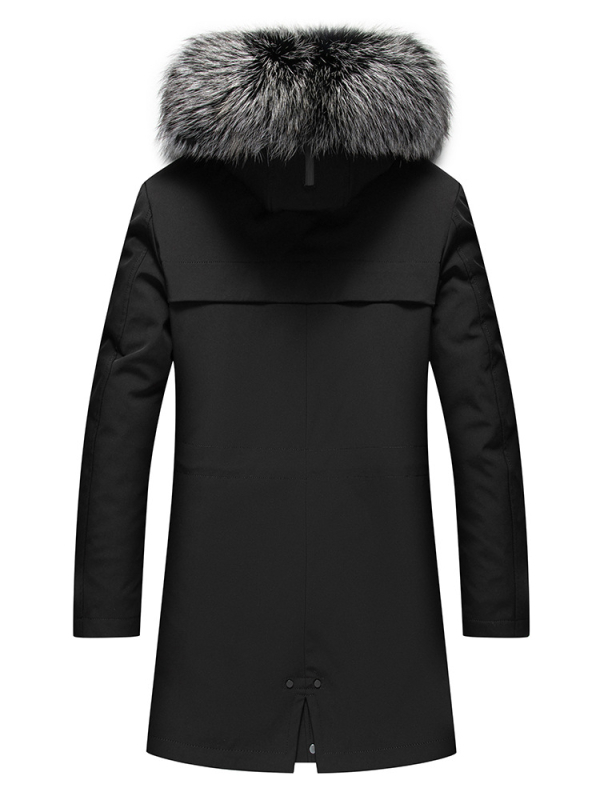 Enos Boni Ανδρικό παλτό με μεσαίο μήκος από γούνα Rex κουνελιού, με κουκούλα και μεγάλο γιακά από γούνα αλεπούς, φερμουάρ εμπρός, αδιάβροχη επένδυση