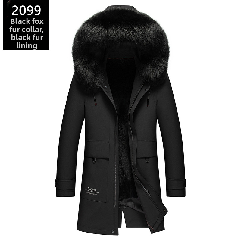 Enos Boni Ανδρικό παλτό με μεσαίο μήκος από γούνα Rex κουνελιού, με κουκούλα και μεγάλο γιακά από γούνα αλεπούς, φερμουάρ εμπρός, αδιάβροχη επένδυση